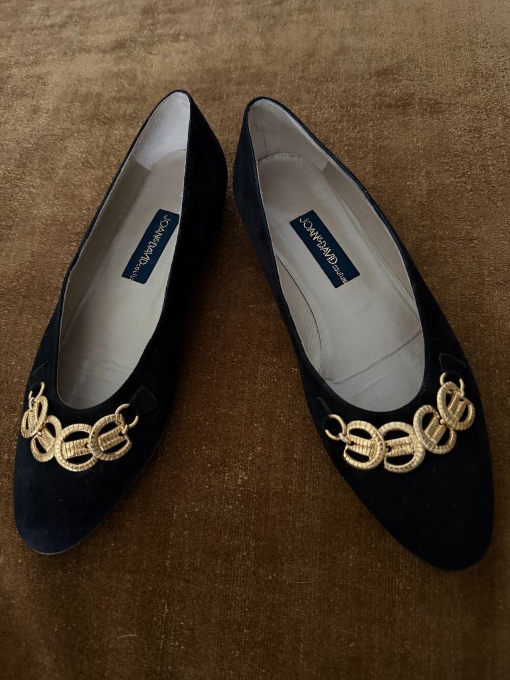 Vintage 90s JOAN & DAVID COUTURE BLACK SUEUDE FLATS GOLD HARDWARE 7